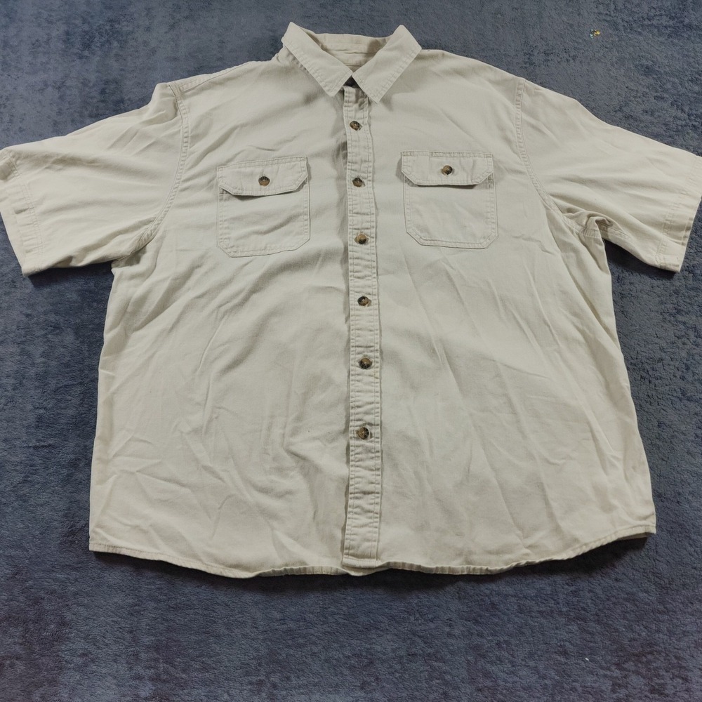 Wrangler Camp Shirt Mens XL Tan Beige Short Sleeve Cotton Stretch Utility Work